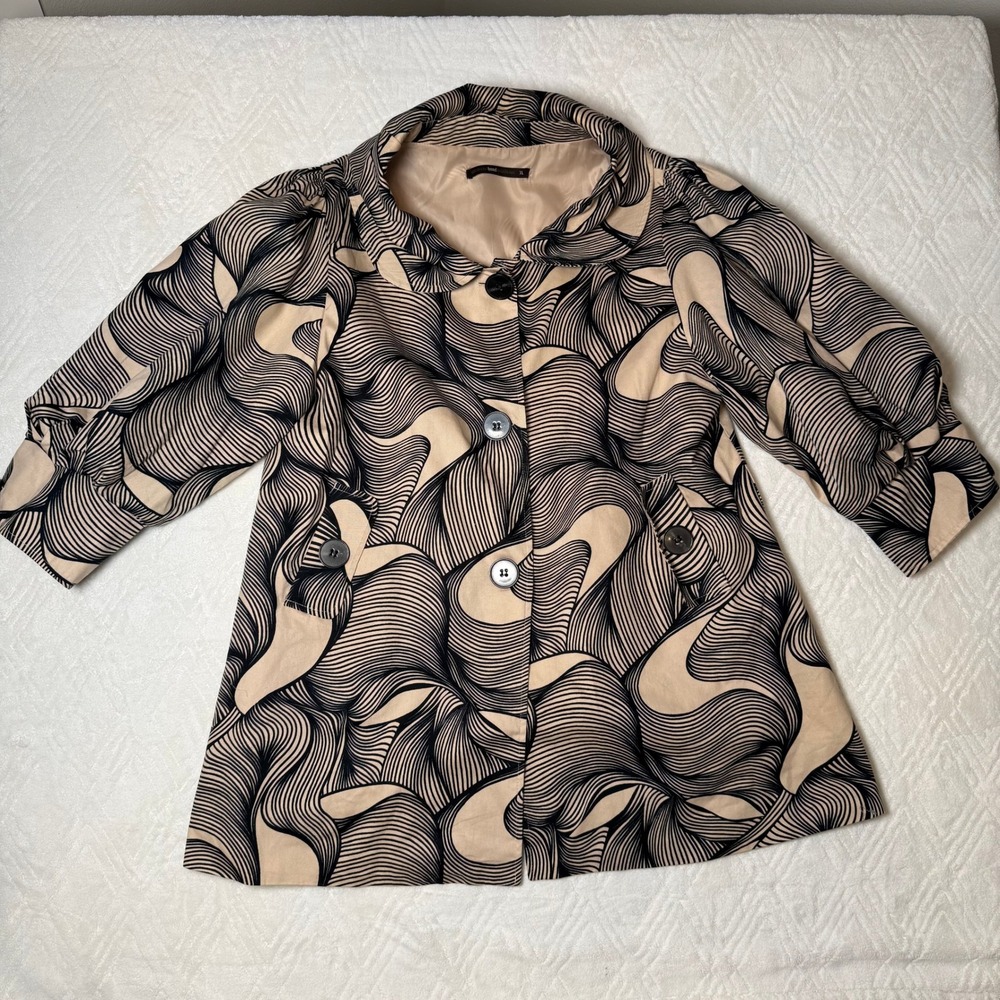 Op Art Mod Hazel XL Black Cream Abstract Swirl Swing Coat Jacket Cotton